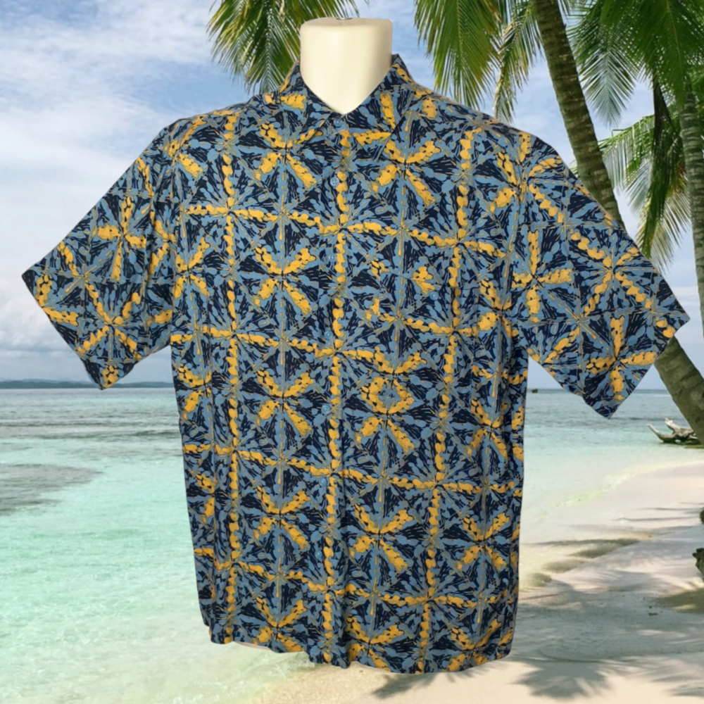 PURITAN Blue and Gold Tropical Hawaiian Short Sleeve Shirt